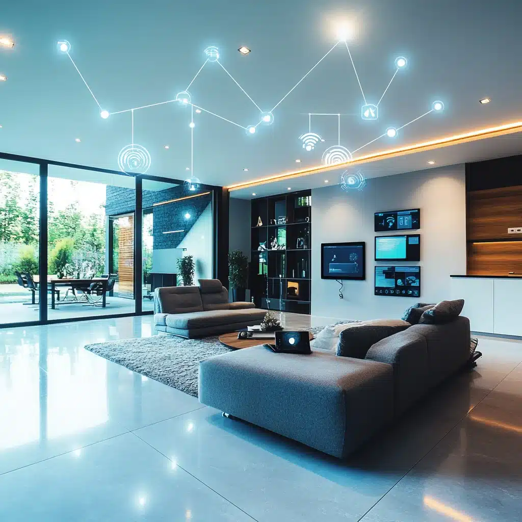 Futuristic smart living room with interconnected home automation icons.