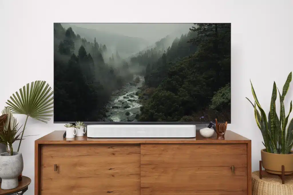 A flat-screen TV displays a misty forest scene above a wooden media console with a soundbar and plants.