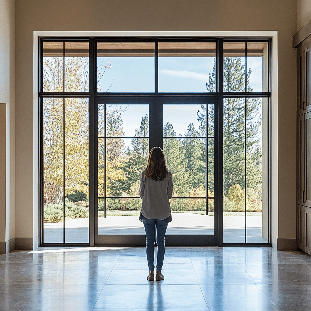 Person standing indoors, looking out a large window at trees and nature.