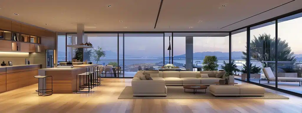 Modern living room with open kitchen, featuring large windows showcasing a scenic view, minimalist design, and smart home elements for enhanced comfort and efficiency.