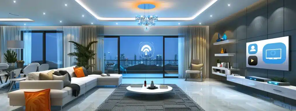 Modern living room with smart home technology, featuring a sleek white sofa, stylish decor, large windows showcasing a city view, and a wall-mounted TV displaying digital interfaces, emphasizing building automation and energy efficiency.